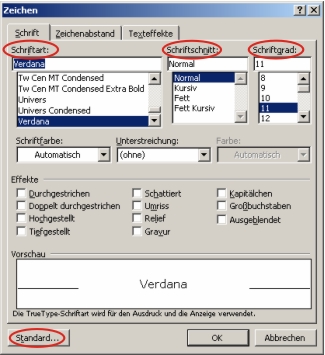 Screenshot für Schriftformat-Standardeinstellungen