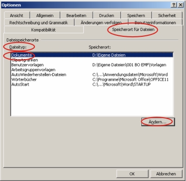 Screenshot für Speicherort für Dateien